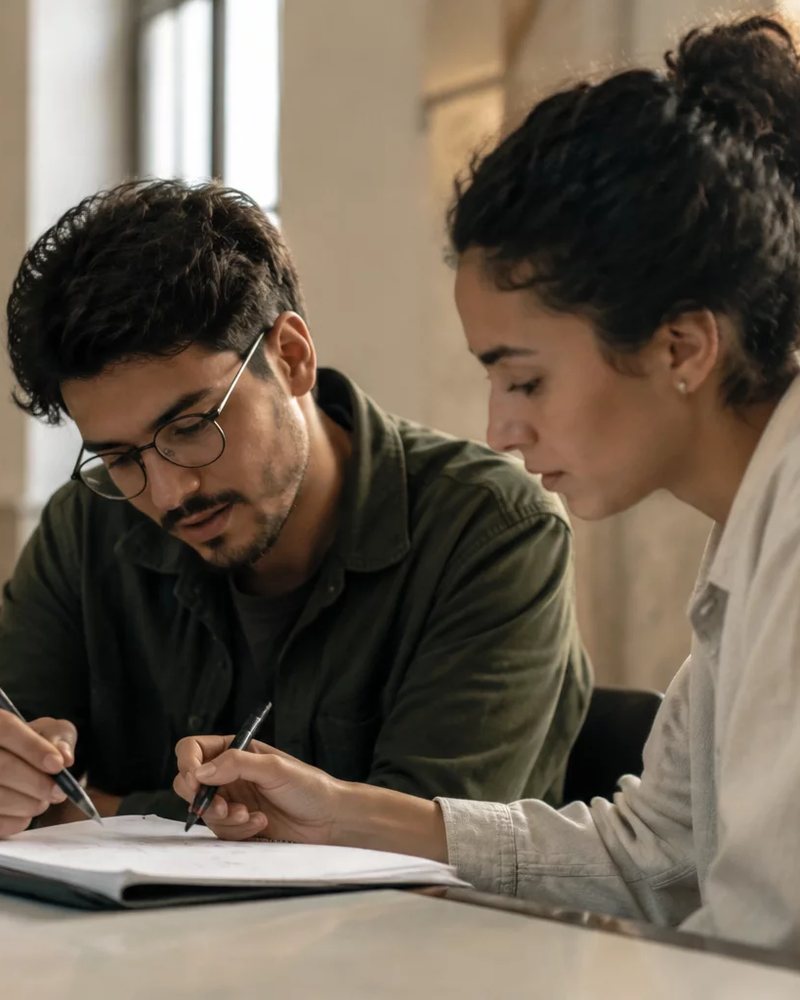 Reunião de trabalho com laptop, papéis e xícaras sobre a mesa, alguém defendendo uma proposta
