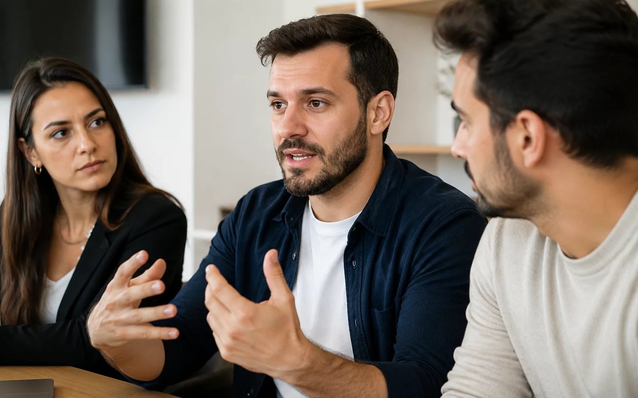 Roda de debate em sala clara, uma pessoa sustentando o argumento e duas ouvindo com atenção