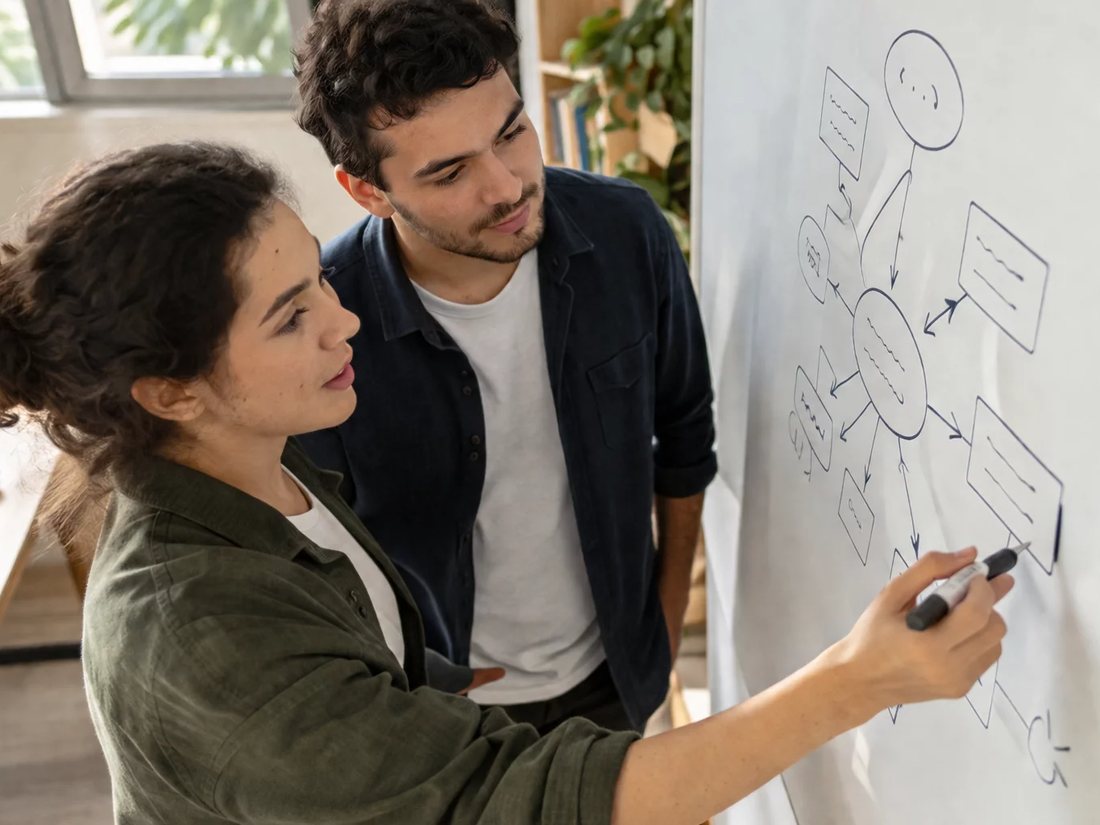 Quem conduz aponta para o esquema de um argumento no quadro branco enquanto um inscrito acompanha